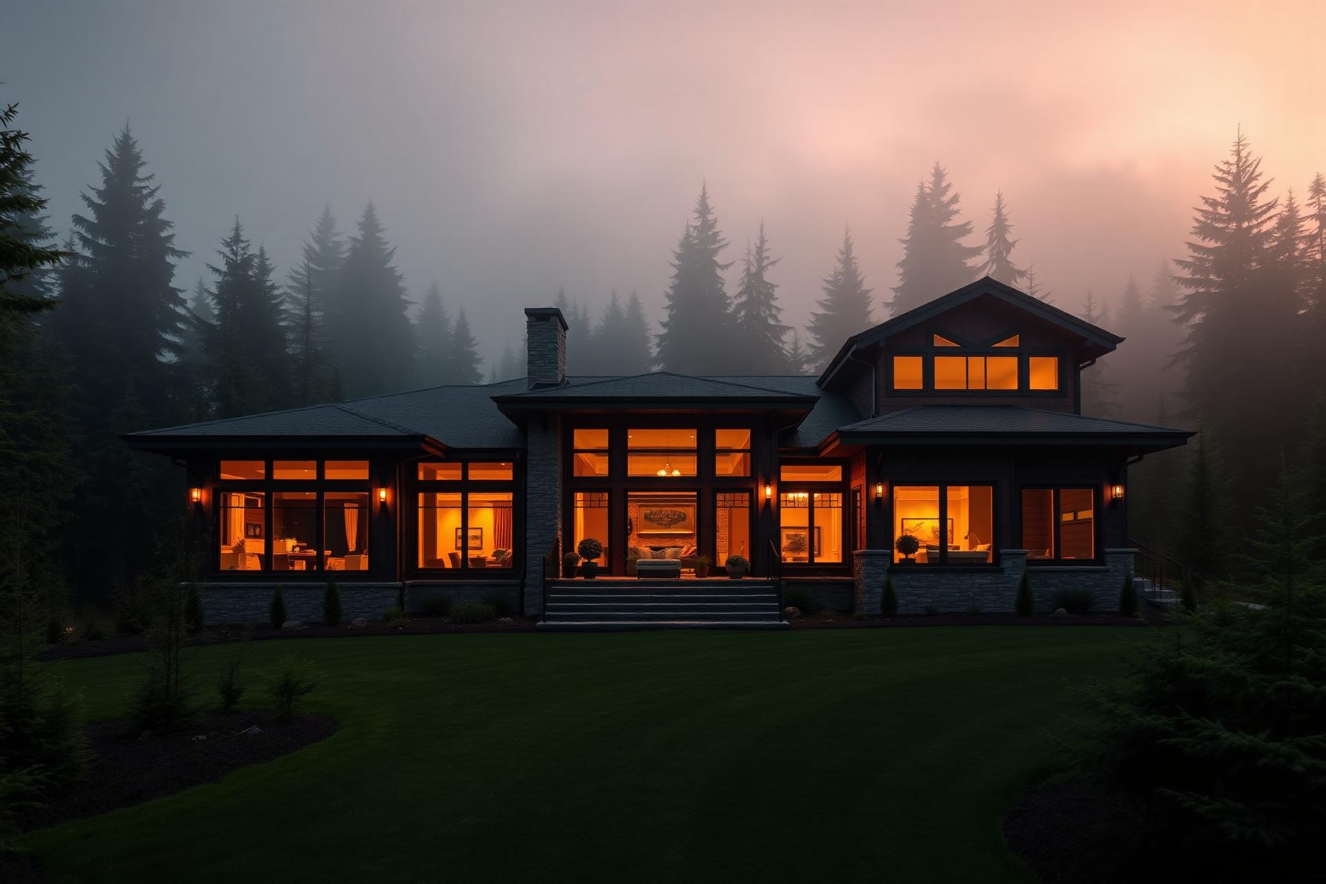 Modern Pacific Northwest home at dusk