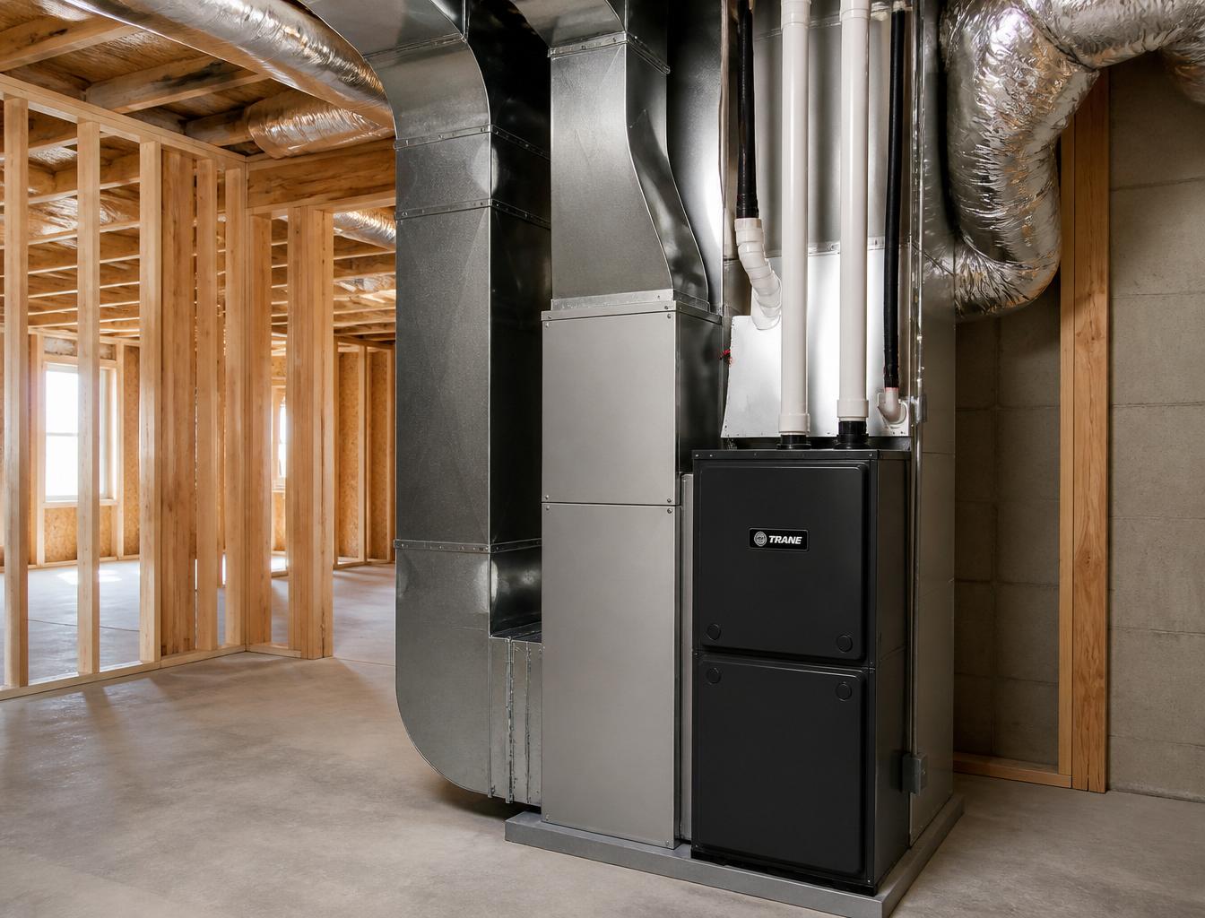 New construction home with HVAC ductwork and heat pump installation